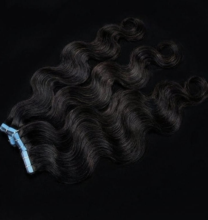 Premium #1B Natural Black Body Wave Tape-In Hair Extensions | 100% Human Hair